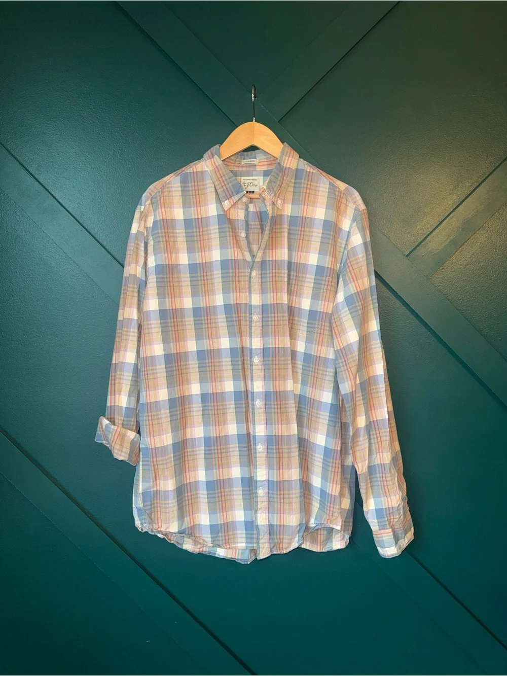 J Crew Mens Slim Button Up Shirt Size XLT Blue Beige Plaid Long Sleeve Woven